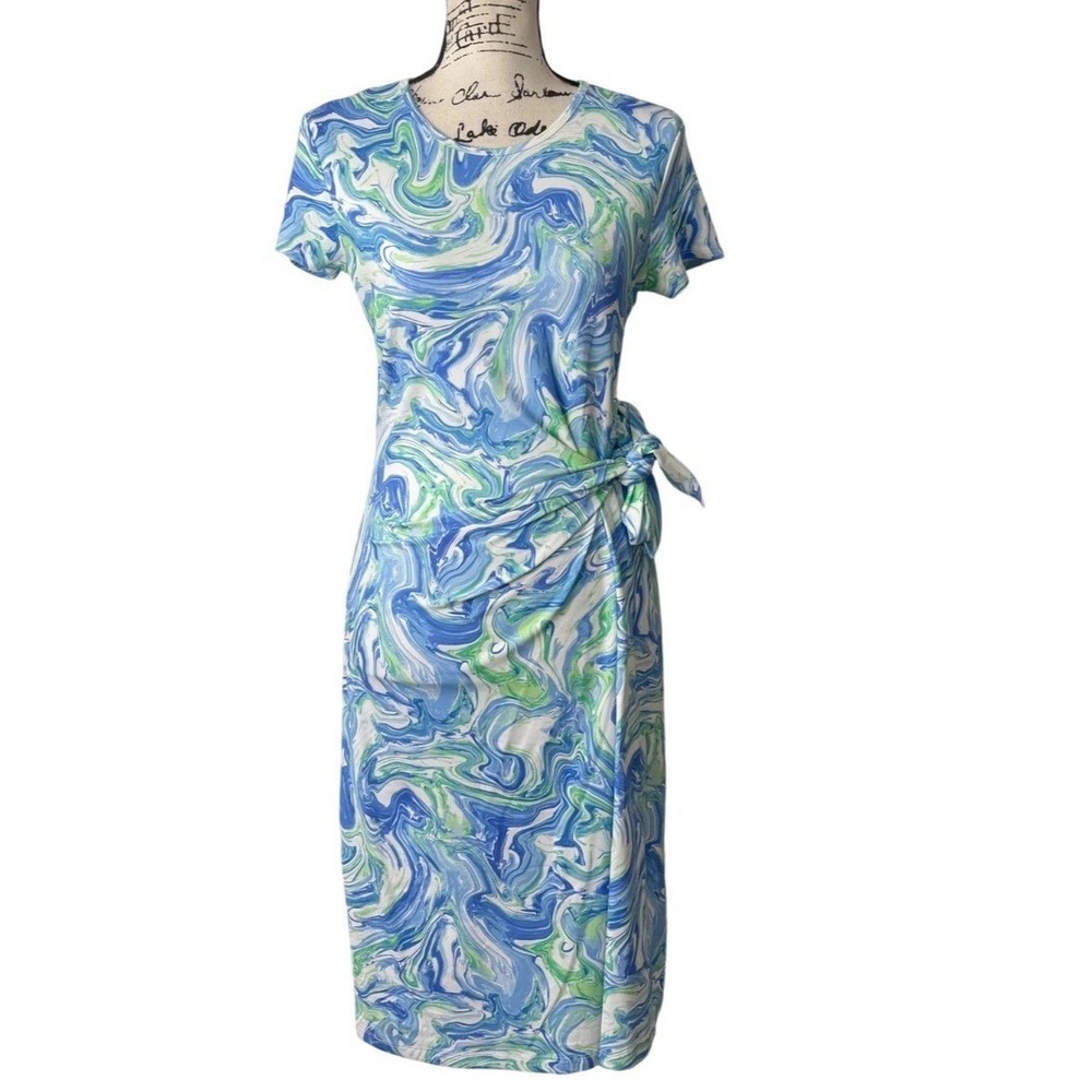 J.McLaughlin Faux Wrap Dress Women Size M Catalina Cloth Blue Green Short Sleeve